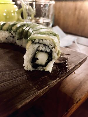 Cucumber avocado sushi by request. The Harmony waiters and kitchen are super helpful and easy going with vegan sushi requests.  at Harmony Hotel Restaurant in Nosara