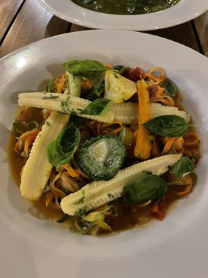 Just show this pic and ask if you can have this dish. It’s not on the menu and made by my request…and insanely good. It’s their carrot and zucchini noodles with primavera sau at Harmony Hotel Restaurant in Nosara