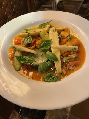 Just show this pic and ask if you can have this dish. It’s not on the menu and made by my request…and insanely good. It’s their carrot and zucchini noodles with primavera sau at Harmony Hotel Restaurant in Nosara