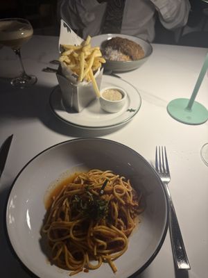 Spaghetti & spicy marinara. Very spicy   at The Charlotte American Bistro in Dallas