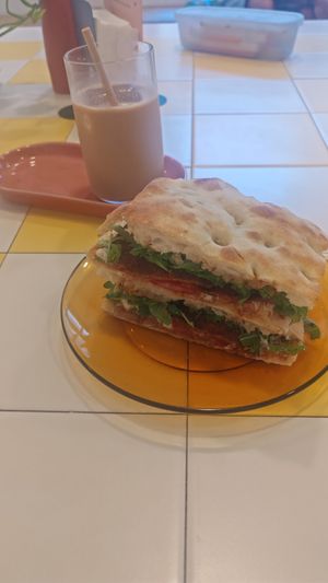Ham and burrata foccacia at antirush | speciality coffee in Malaga