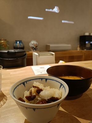 Mushroom rice and miso soup at Japanese Restaurant Bien in Gifu