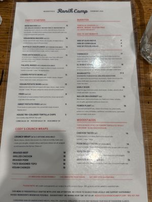 Menu front at Ranch Camp Woodstock in Woodstock