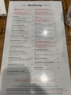 Menu back  at Ranch Camp Woodstock in Woodstock