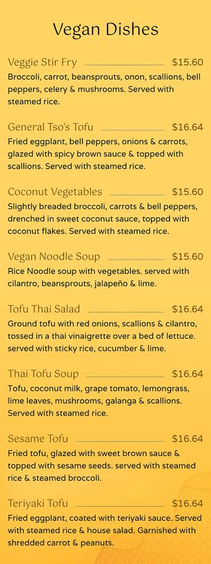 Vegan Menu at Flavors of Mae Kong Thai Restaurant in El Paso