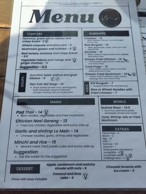 Menu with vegan options at Maika'i the good food place in Ericeira