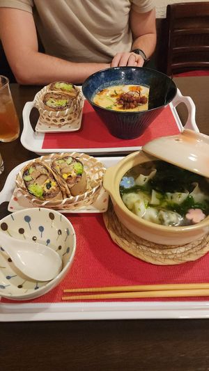 Tantan noodle set + dumpling soup set at Zhishen Vegetarian Onigiri - 智深志固 台湾おにぎり in Ito