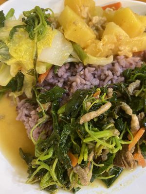 three with rice   at Sangwiroon Vegetarian in Chiang Mai