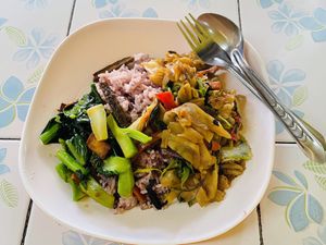 Rice with gailan and flat rice noodles  at Sangwiroon Vegetarian in Chiang Mai