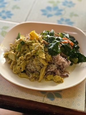 Pre-made dishes over ricee  at Sangwiroon Vegetarian in Chiang Mai