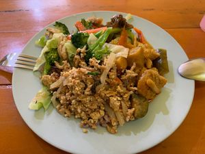 Rice + 4 condiments (broccoli, mushrooms, pumpkin curry and tofu larb) at Sangwiroon Vegetarian in Chiang Mai