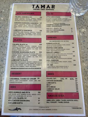 Menu  at Tamar in Santa Barbara