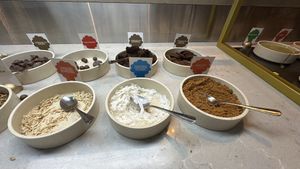 Coconut flakes, biscoff crumble, almonds for toppings  at Royal Stacks Crown Casino in Southbank