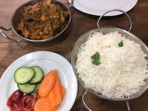 Aloo Gobi Baigan’ (potato, cauliflower and aubergine) curry with steamed rice. at Meat Free Planet in Wolverhampton