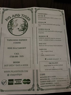 Drink menu  at Pig and Tiger in Denver