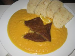 Svickova (seitan, dumplings, root vegetable sauce) at Ojero Vegan Bistro in Ostrava