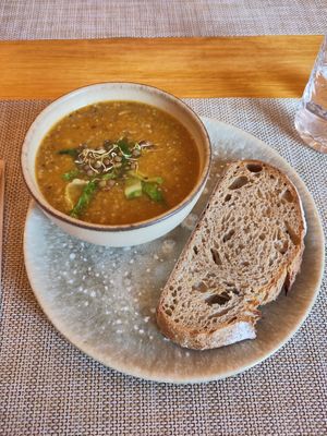 Sweet potato, pumpkin soup with carrot, lentils and other good stuff at Café Raízes in Coimbra
