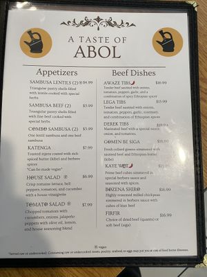 Menu   at Abol Ethiopian Restaurant in Durham