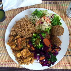 stewed tofu, stir fry cabbage carrots and broccoli, lentil balls, side salad & seasoned rice at Ital in Paradise in St Croix
