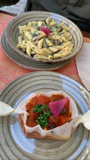 Penne carbonara (top) and baked tofu (bottom)  at Gintilla in Cagliari