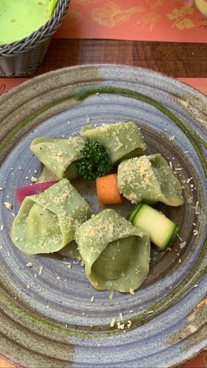Spirulina Tortelloni with truffle cheese and potato filling  at Gintilla in Cagliari