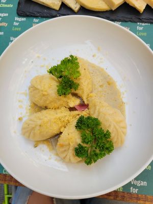 Ravioli Style pasta dish filled with potato and truffle vegan cheese (in vegan butter) at Gintilla in Cagliari