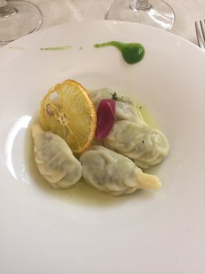 Culurgionis di patate e menta con salsa di arance e zenzero  at Gintilla in Cagliari