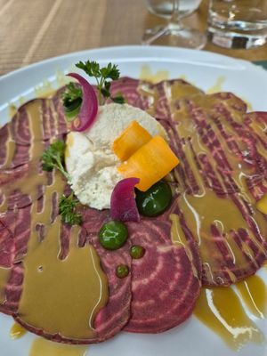 Beetroot with homemade ricotta and mustard sauce. at Gintilla in Cagliari