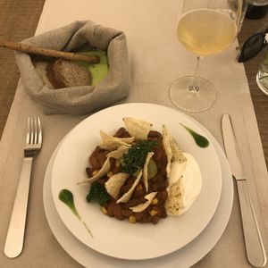 Mexican beans with sour cream and guacamole  at Gintilla in Cagliari