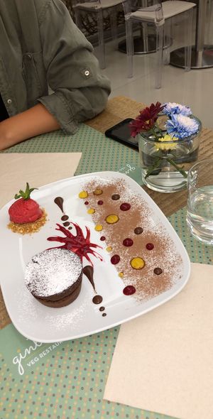 Chocolate lava cake and raspberry sorbet at Gintilla in Cagliari