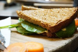 Spelt végan sandwich- good but expensive at Dr. Blend in Amsterdam