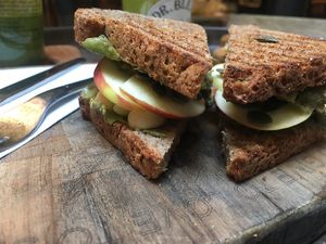 spelt bread with apple, avocado and seeds at Dr. Blend in Amsterdam
