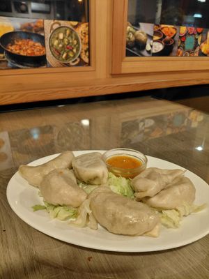Vegetable momos (with cabbage filling) and a spicy indian sauce at Rikša - Curry & Wok in Ljubljana