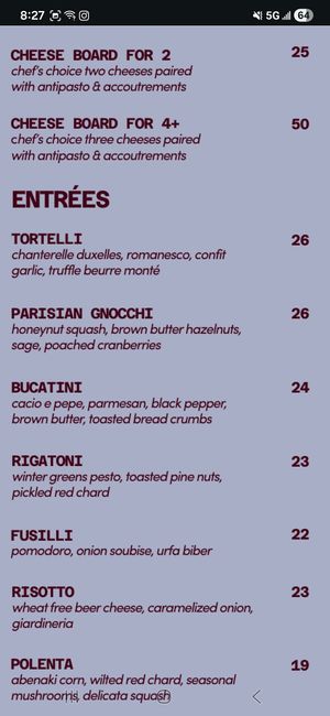 Menu with current options (Jan 2026) at Adelleda in Portland