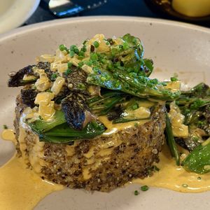 Polenta cake with peas and mushrooms  at Adelleda in Portland