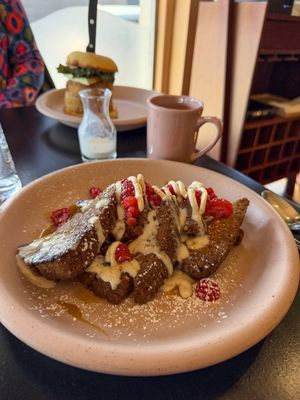 french toast brioche, powdered sugar, seasonal fruit, mascarpone, maple syrup  at Adelleda in Portland