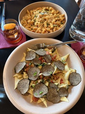 Hand shaved truffles over zucchini stuffed panzotti… spicy fusilli in the background   at Adelleda in Portland