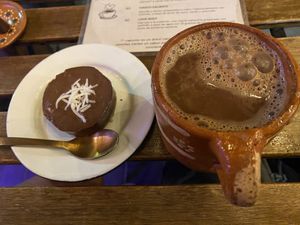 Delicious vegan chocolate mousse and hot chocolate with coconut milk  at Mexicolate in Nayarit