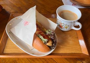 Vegetarian hot dog. Can be vegan if bun is swapped for pita. at Flying Mushroom Cafe in Tokyo