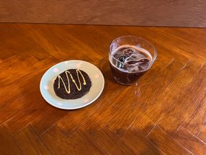 Vegan choco mint cookie and iced espresso at Flying Mushroom Cafe in Tokyo