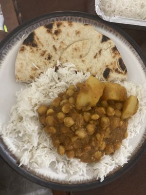 Chickpea dish, rice, naan (takeout: my plate not theirs) at Taj Mahal in Schenectady