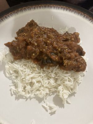 Eggplant dish over rice (not that great) at Taj Mahal in Schenectady