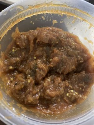 Eggplant dish in takeout container at Taj Mahal in Schenectady