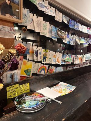 Cute water color station to add to the art at Sleeper Coffee in Astoria