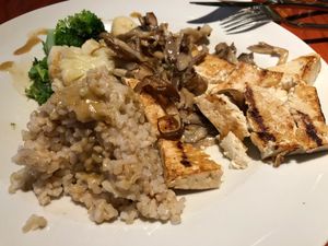 Miso tofu, oyster mushroom, Brown rice, and broccoli and cauliflower bowl at Candle 79 in New York City
