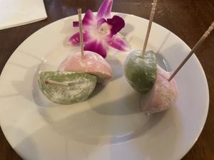 Mochi ice cream, one green tea and one strawberryy  at Ramen Izakaya NoHo in Los Angeles