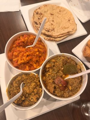 Chappatis, Oondhiyu, Mixed Kathod (beans) and Sev tomatoes - all vegan  at Keshav Foods in Brampton