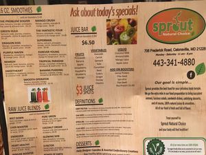 Menu at Sprout Vegan 2.0 in Baltimore