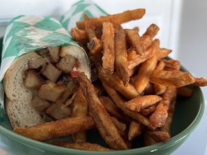 Chickun cheesteak and fries  at Sprout Vegan 2.0 in Baltimore