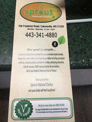Menu at Sprout Vegan 2.0 in Baltimore